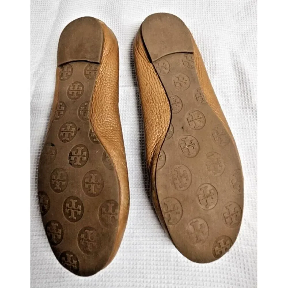 TORY BURCH Minnie travel ballet flat camel pebbled all leather upper woman Sz 6M